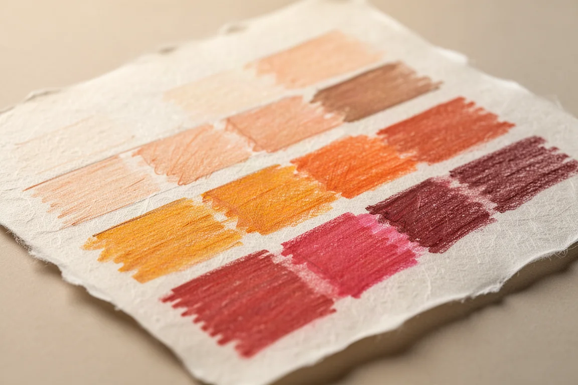 Swatch rows of colored pencil applied on textured drawing paper