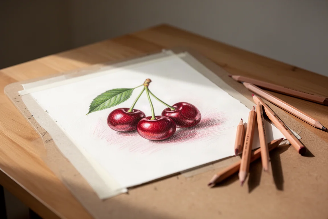 Colored pencil artwork of cherries in progress on a drawing board