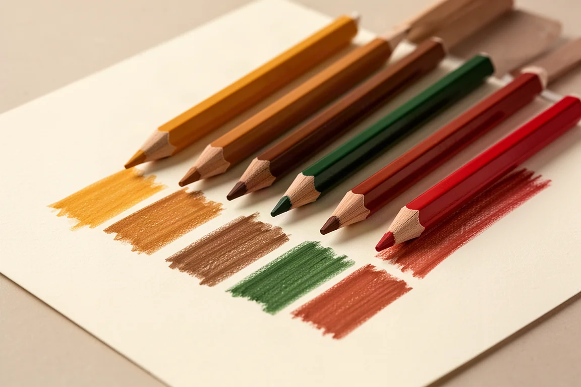 Warmer earth-toned colored pencils with opaque cores laid out on paper