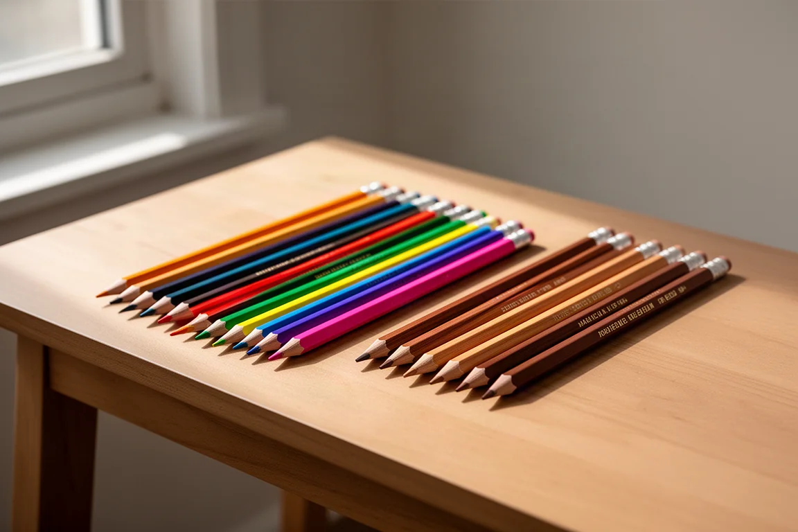 Due set di matite colorate con astine dai colori vivaci e terrosi su una scrivania di legno