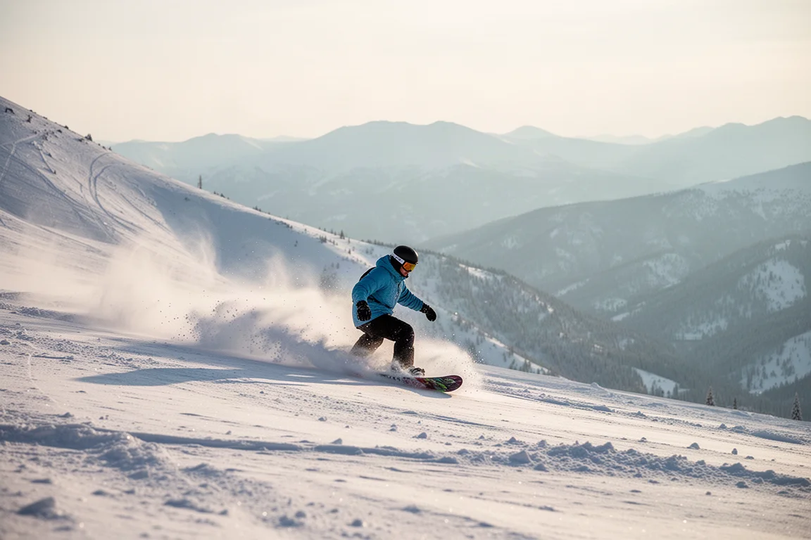 Snowboarder che scende nella neve fresca su un pendio innevato di montagna