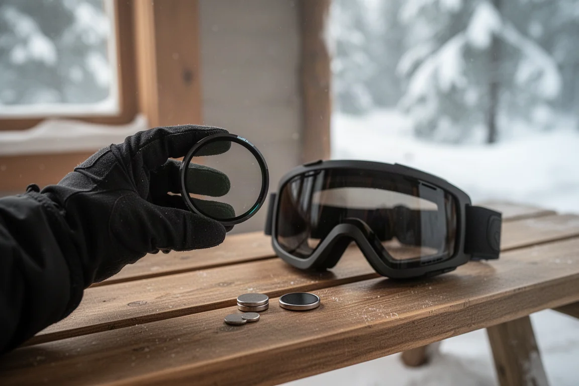 Lente della maschera sostituita a mano su una seggiovia innevata