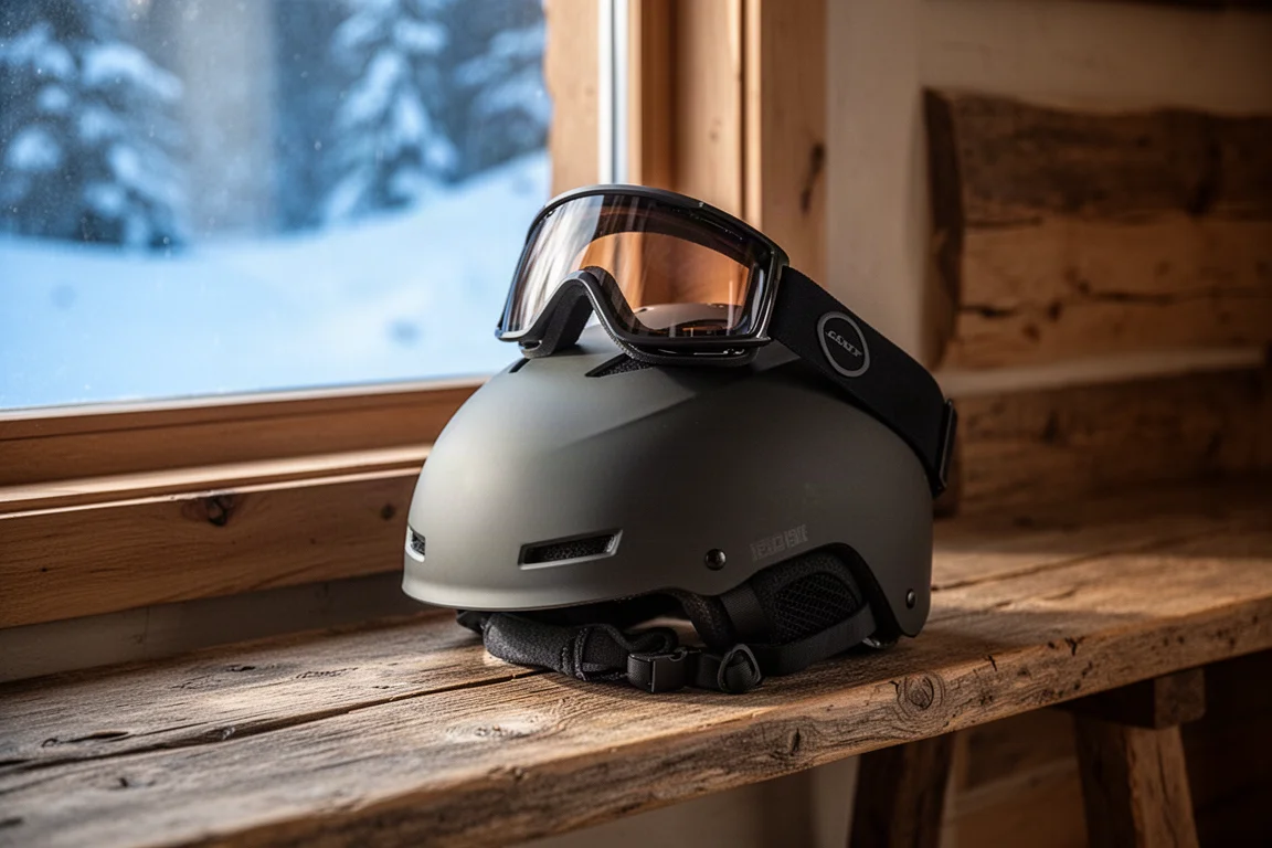 Maschere appoggiate su un casco da sci su una panca in legno di un rifugio