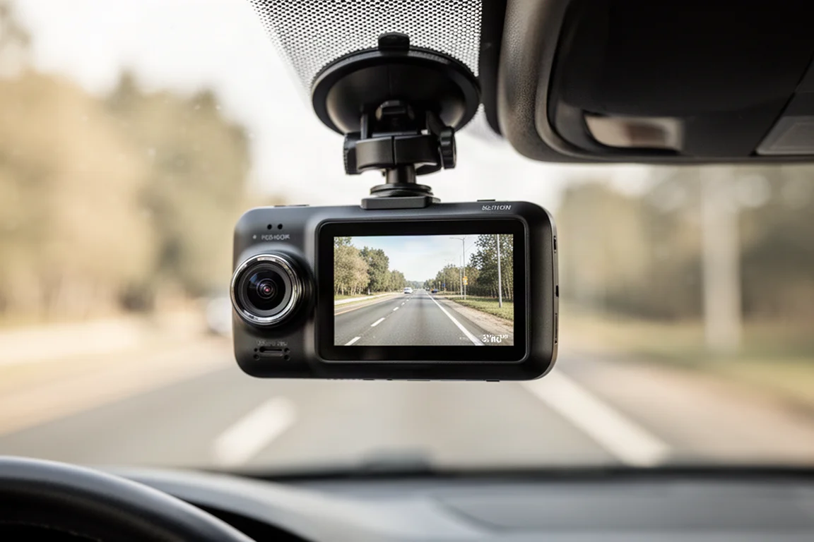 Dashcam an einer Autowindschutzscheibe montiert, die eine Live-Ansicht der Frontkamera auf ihrem Display zeigt