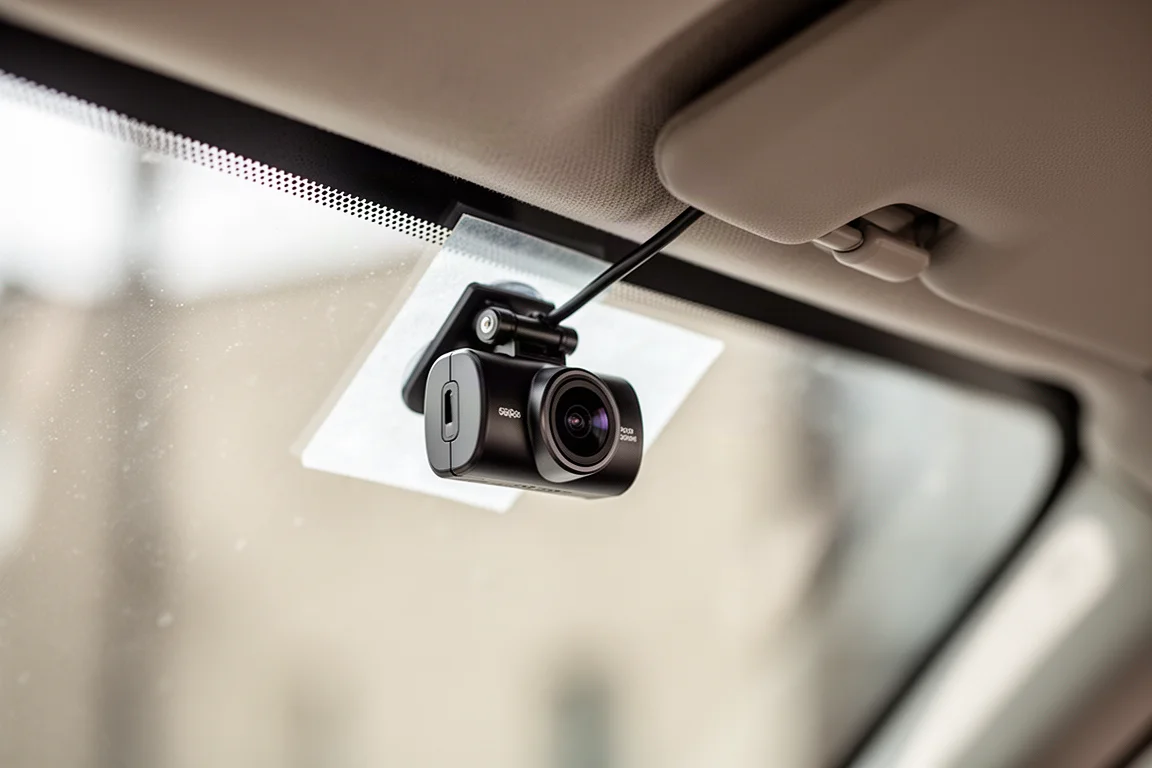 Nahaufnahme einer Rückkamera, die an der Heckscheibe eines Autos montiert ist, mit entlang des Dachhimmels verlegtem Kabel