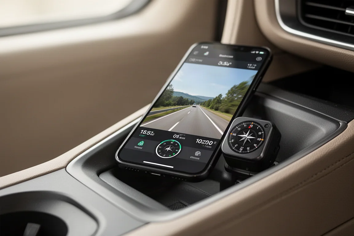 Smartphone, das die GKU Go App mit einer Live-Dashcam-Ansicht und Fahrdaten-Overlay anzeigt