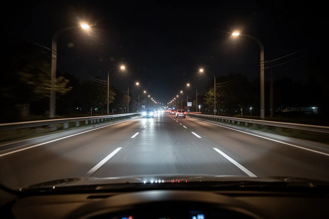 Nächtliche Fahrszene, aufgenommen von einer Dashcam, die eine gut beleuchtete Straße mit klaren Details zeigt