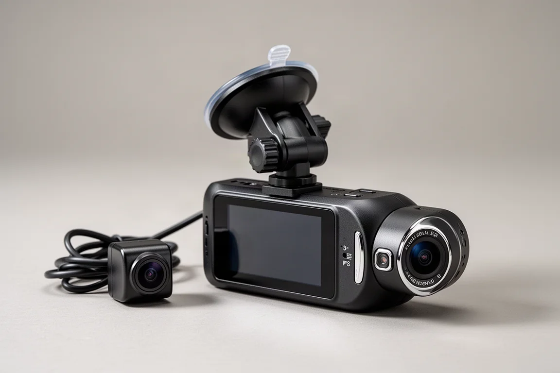 GKU D600 Pro Max 行車記錄器搭配吸盤支架與後鏡頭，灰色背景