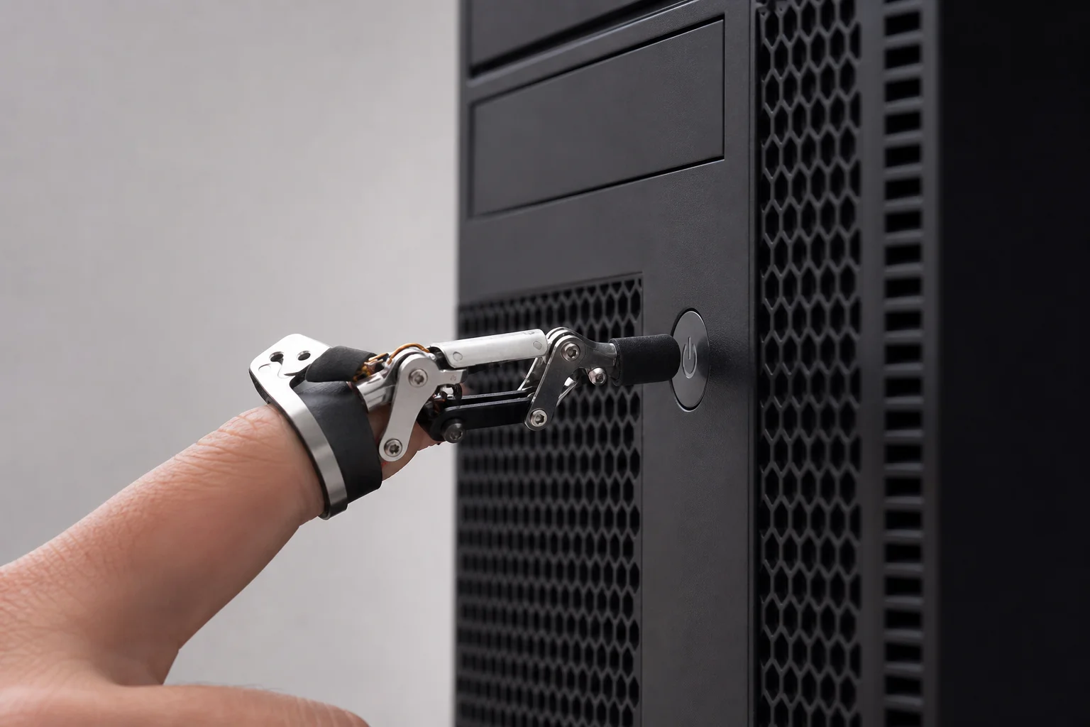 Finger bot robotic accessory pressing a power button