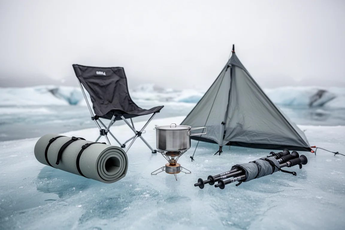 Ultralight backpacking gear arranged on glacier ice in soft overcast light