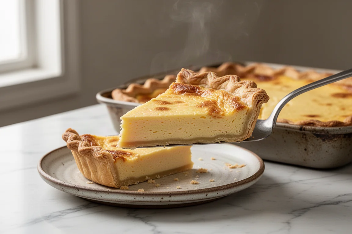 Stück Quiche mit knusprigem goldenem Boden, aus der Form gehoben