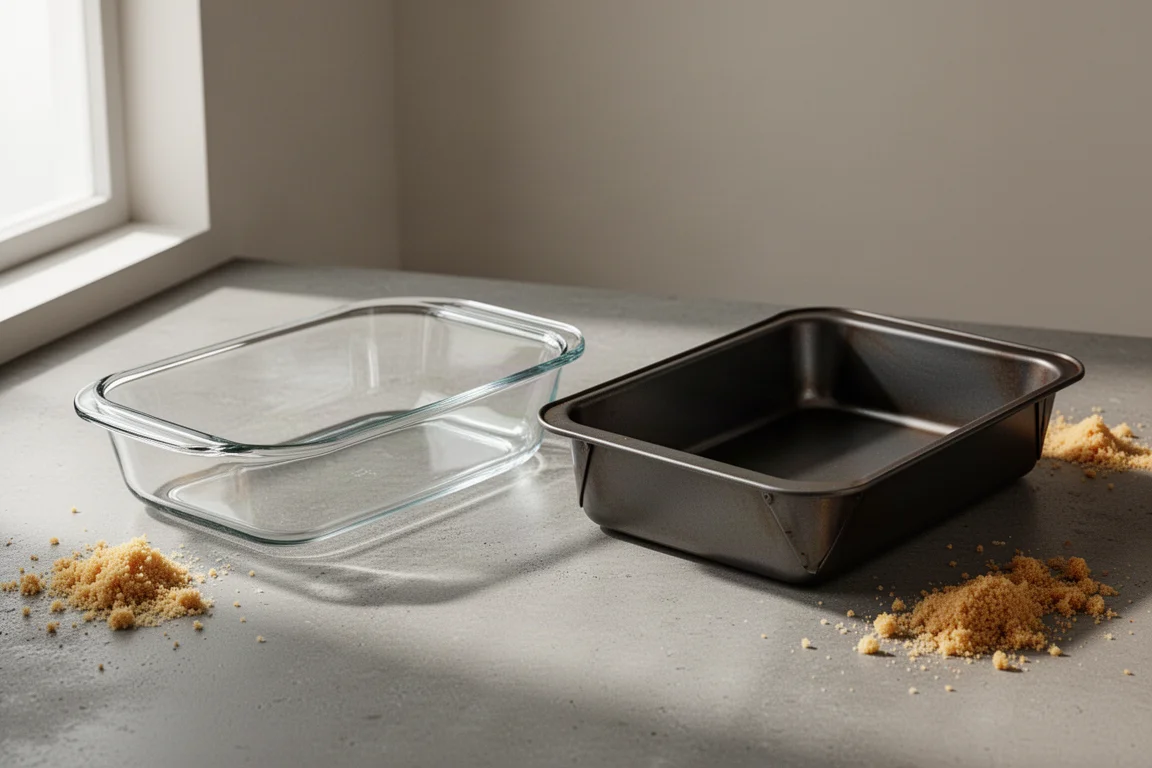 Clear glass and dark metal 9x13 baking pans side by side on a concrete counter