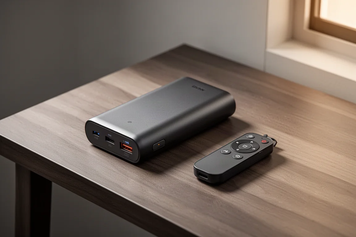 Kompakte Powerbank neben einer kleinen Fernbedienung auf einem Schreibtisch