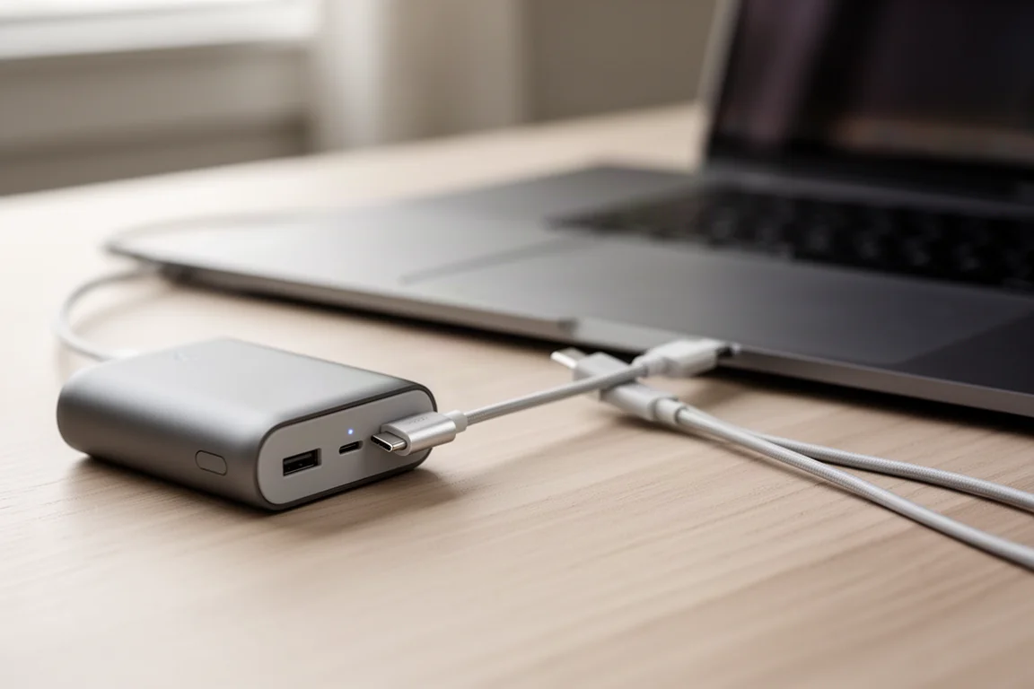 Laptop wird über ein USB-C-Kabel von einer Powerbank auf einem Holztisch geladen
