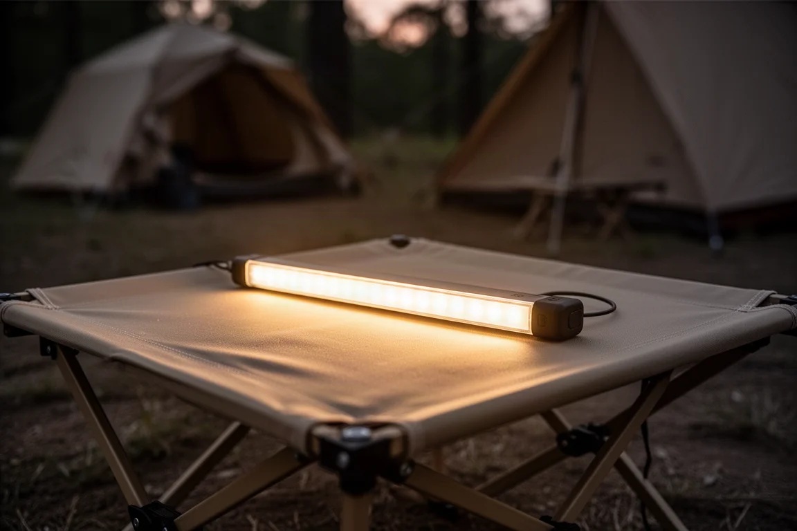 Tragbares LED-Lichtband leuchtet warm auf einem Campingtisch in der Abenddämmerung