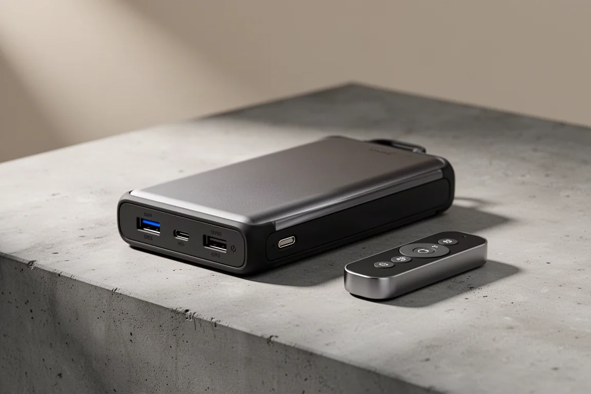 Power bank compatto a comando remoto con telecomando portatile su una superficie in cemento