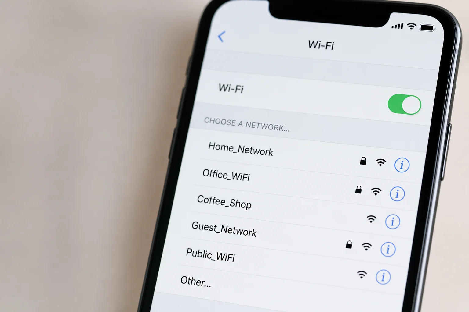 Smartphone screen showing Wi-Fi network selection menu with multiple SSIDs