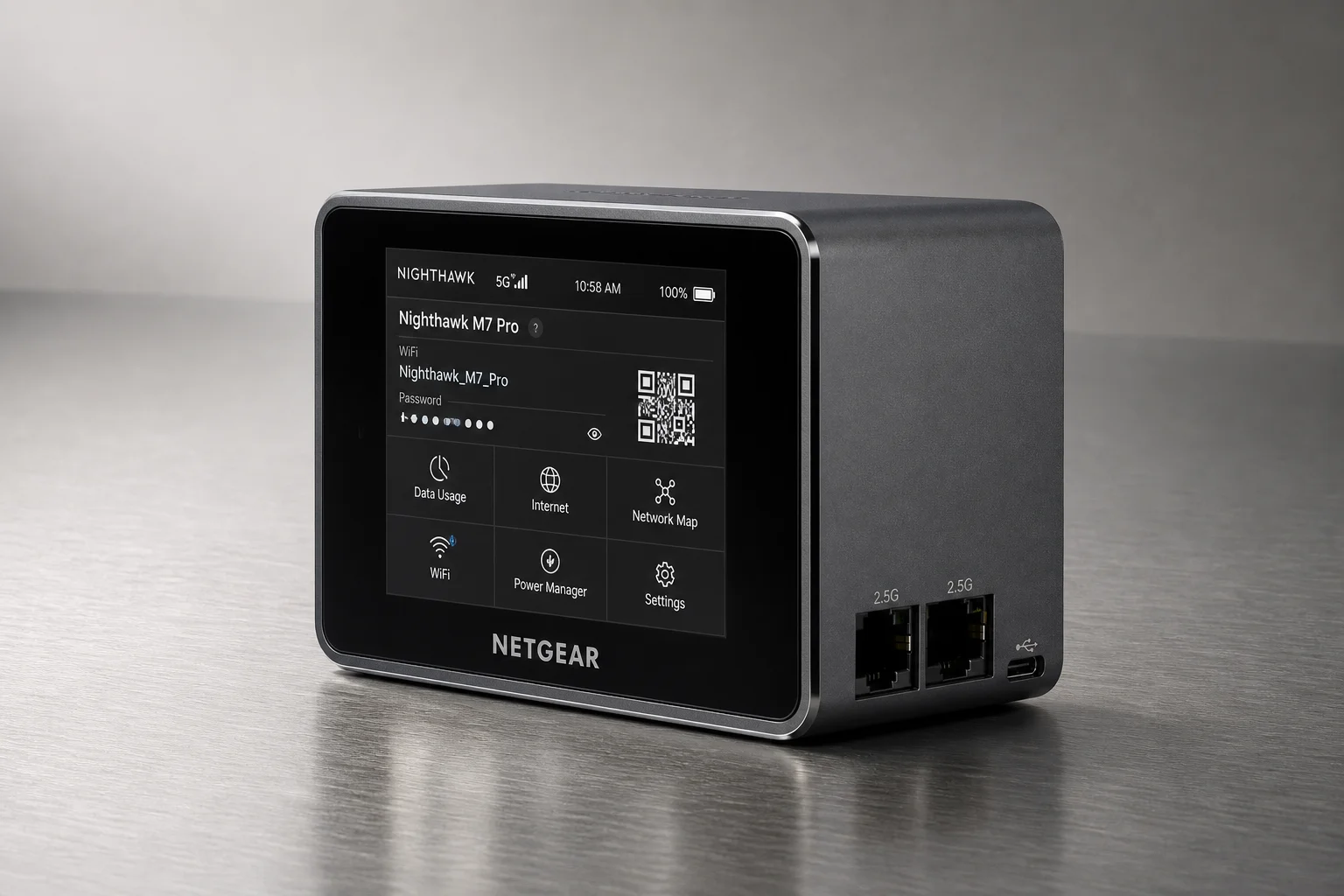 GL.iNet Slate 7 travel router with touchscreen display on brushed aluminium surface