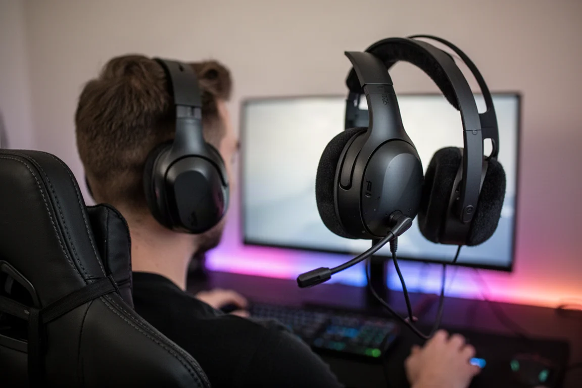 Gamer che indossa un headset wireless durante una sessione di gioco intensa in una stanza poco illuminata