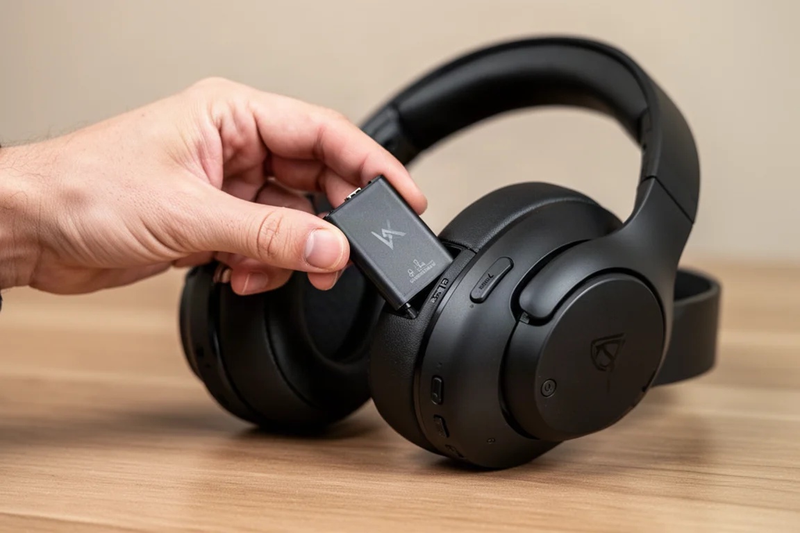 Primo piano di una mano che sostituisce una batteria in un headset da gaming wireless