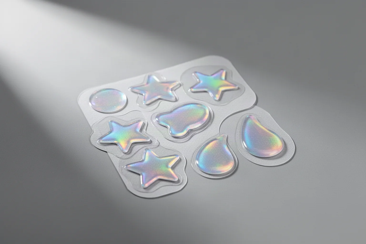 Flachliegendes Layout von Beauty-Produkten, darunter Jelly-Parfüm, Regenbogen-Lidschatten, Haarfarbe und Nagelstifte
