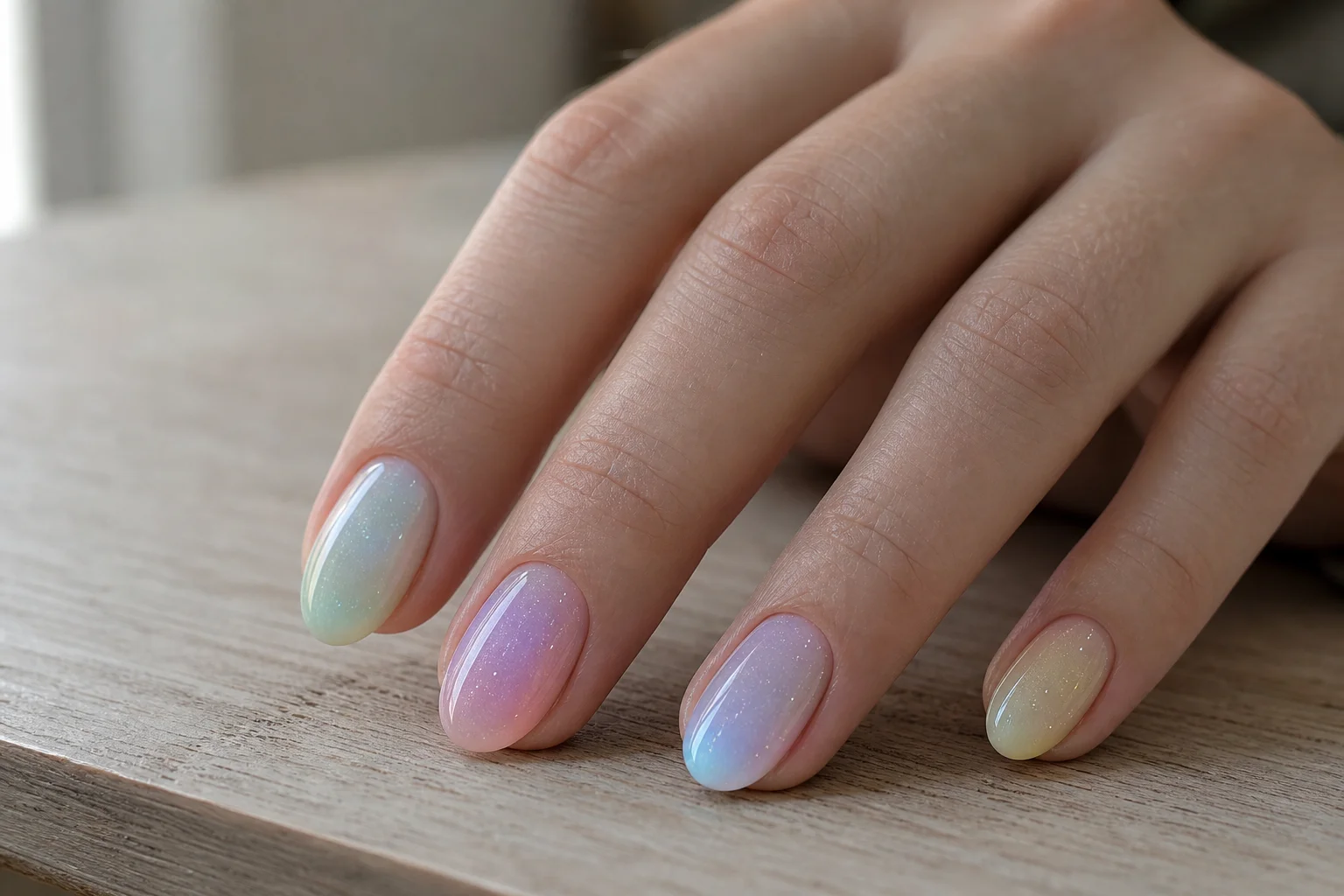 Close-up of fingernails painted with translucent glow-in-the-dark polish under daylight