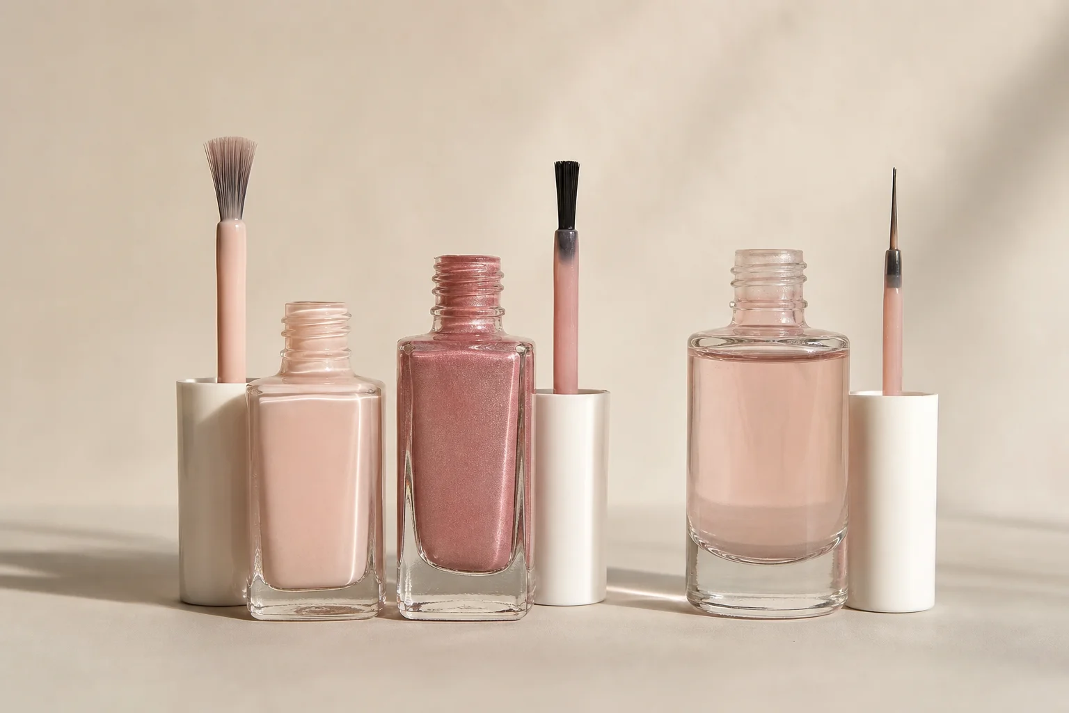 Nail polish bottles displayed side by side showing brush applicators and formula thickness