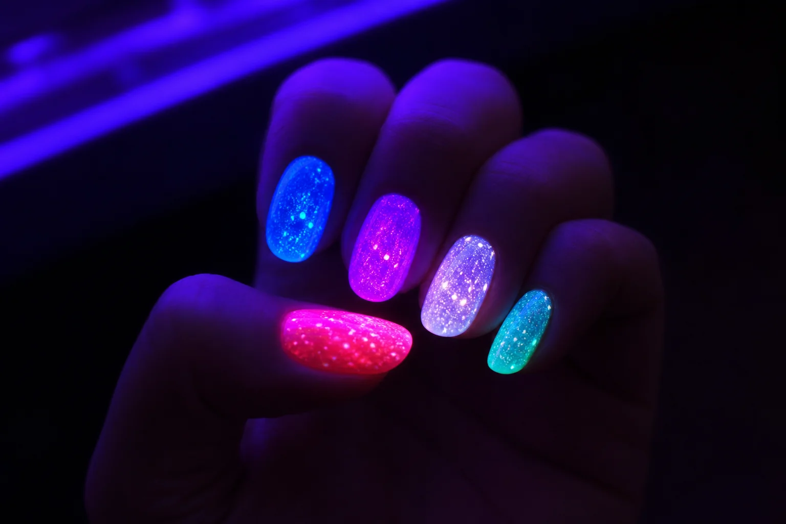 Fingernails under UV light showing bright fluorescent glow effect from nail polish