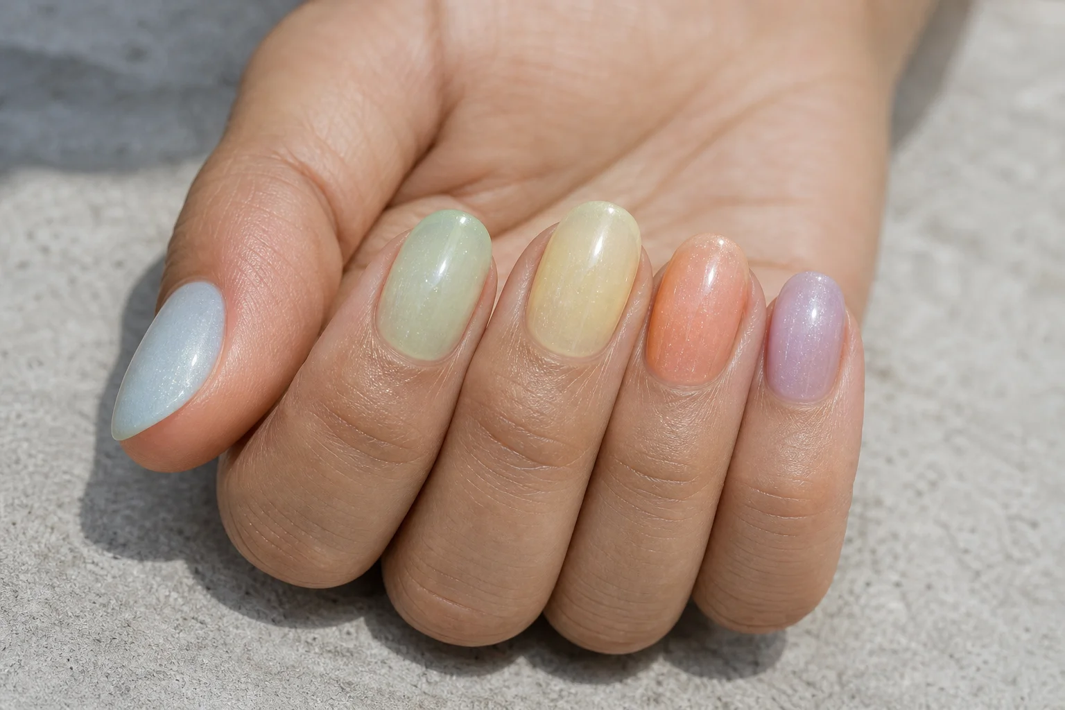 Outdoor daylight comparison of glow-in-the-dark nail polish finishes on fingernails