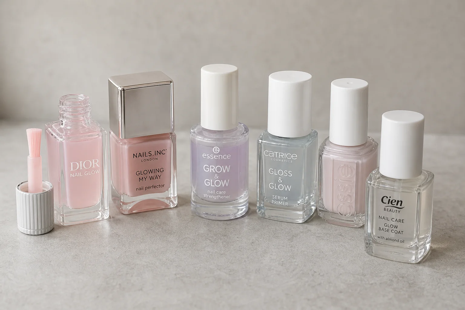 Six nail polish bottles arranged on concrete surface showing various glow-in-the-dark formulas
