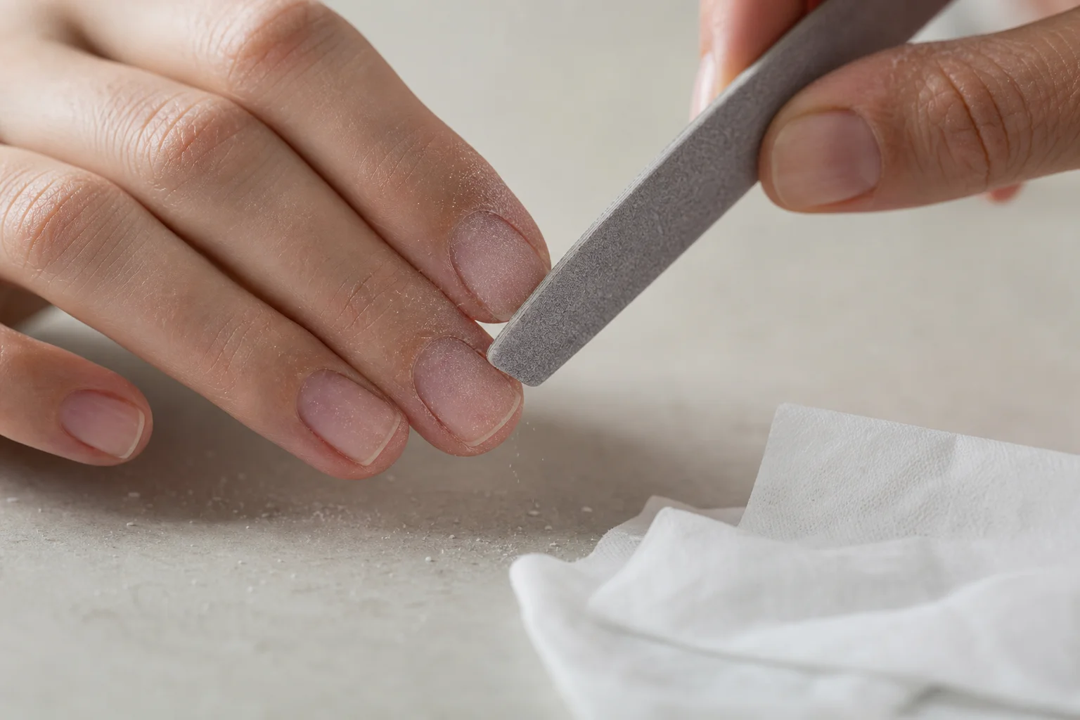 Nahaufnahme der Nagelhautvorbereitung mit Feile und Buffer-Werkzeug
