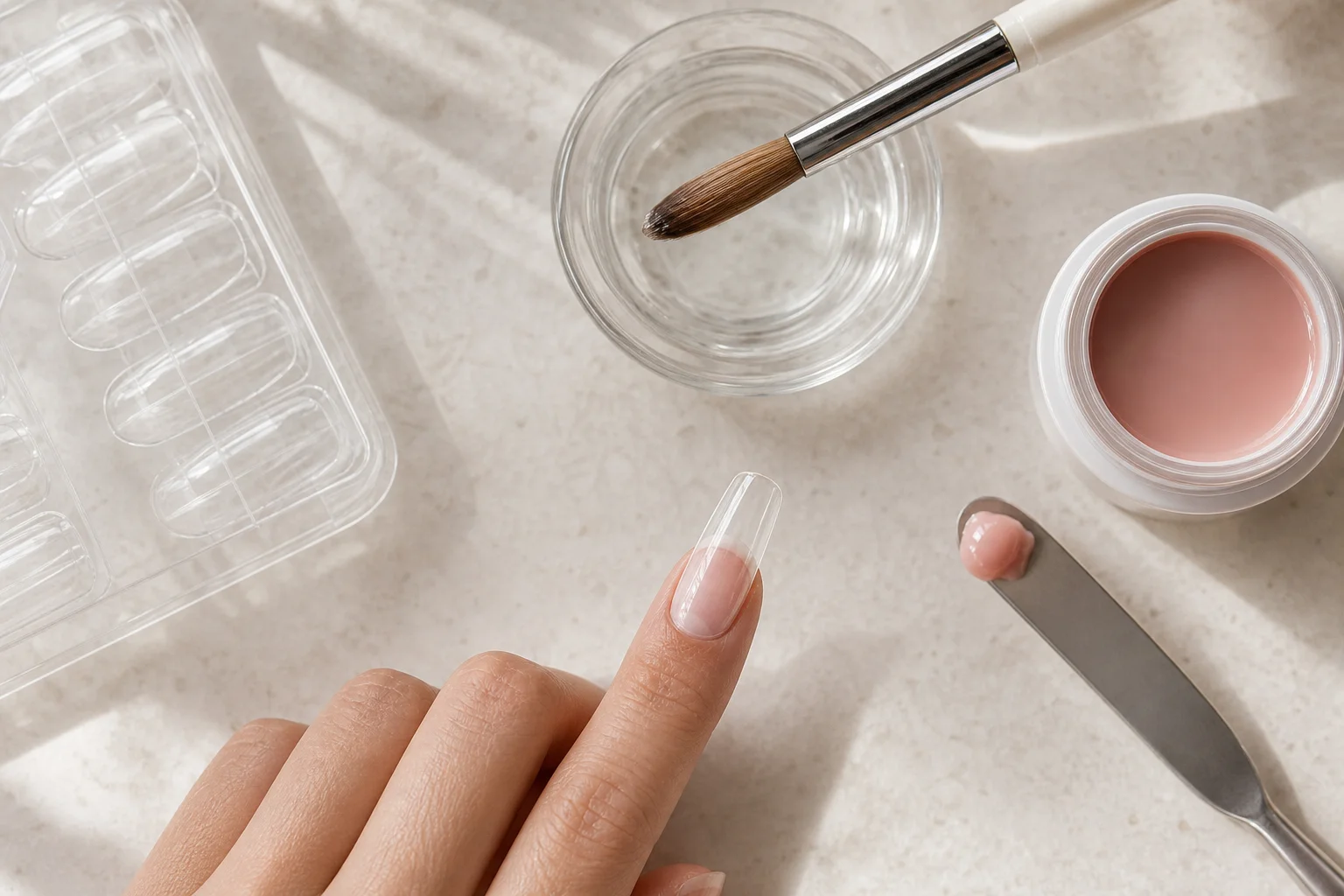 Hände beim Auftragen von Gel auf eine Nagelform mit Pinsel und Slip Solution