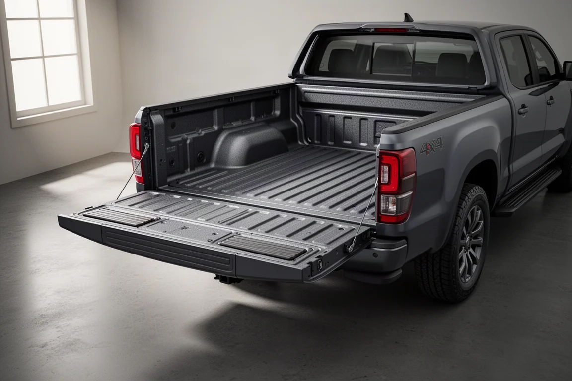 Abgesenkte Heckklappe eines GM Pickups mit Segmentpanelen und integriertem Tritt auf Betonboden
