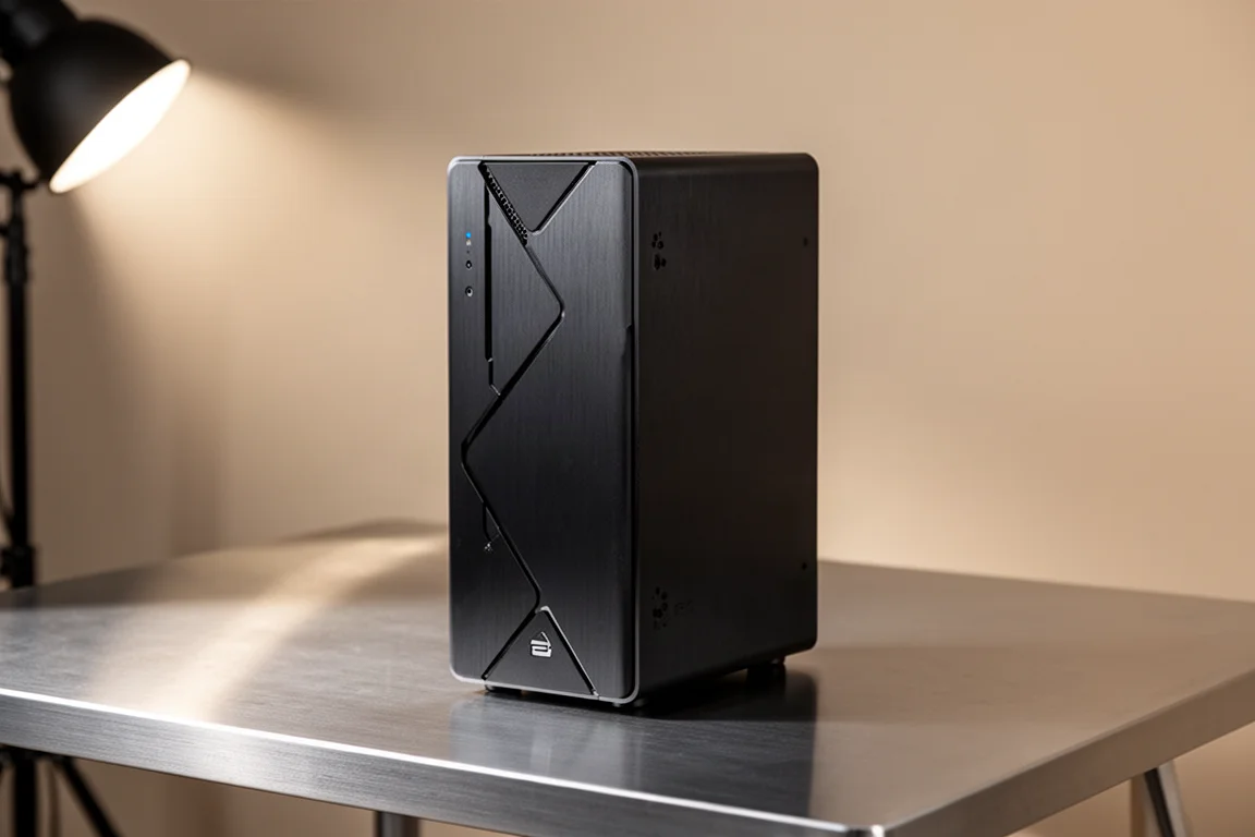Torre do mini PC GMKtec EVO X3 em pé sobre uma superfície de mesa de metal escovado