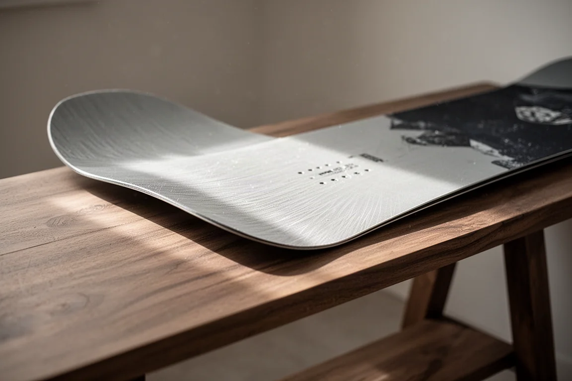 Snowboard base structure detail catching soft light on a wooden bench