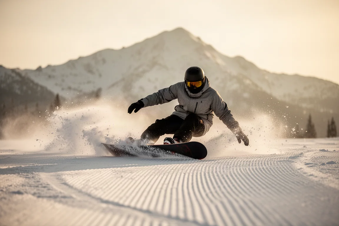 Snowboarder carving a high-speed turn on firm morning corduroy