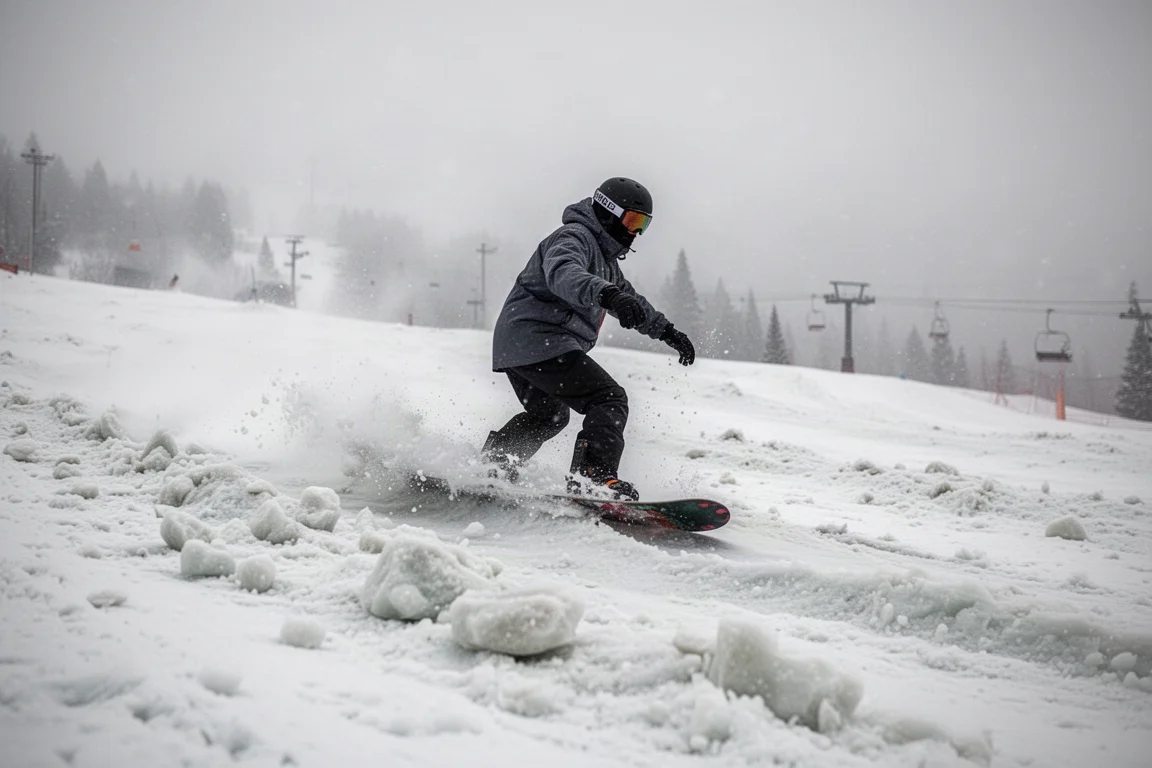 Snowboard chopping through mixed spring slush and chop on a resort run