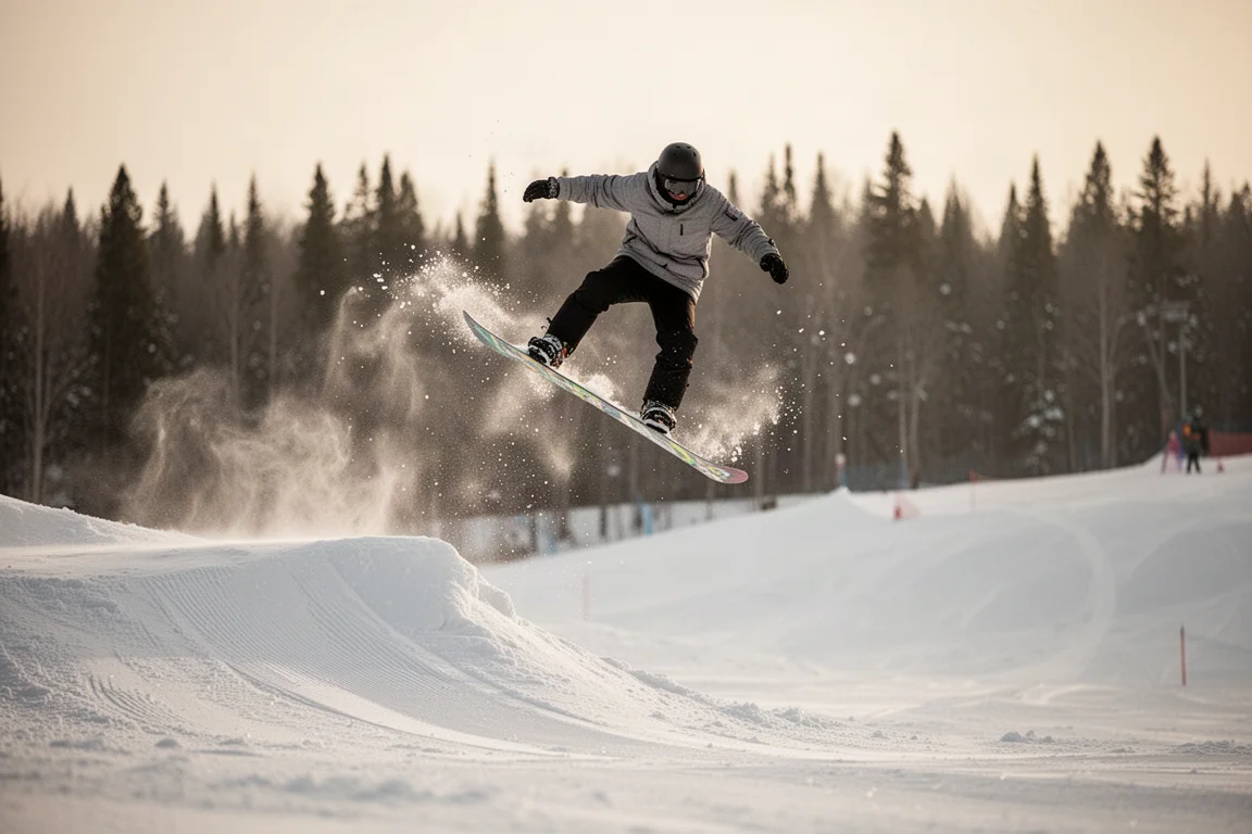 Snowboarder popping off a small side hit in soft afternoon light