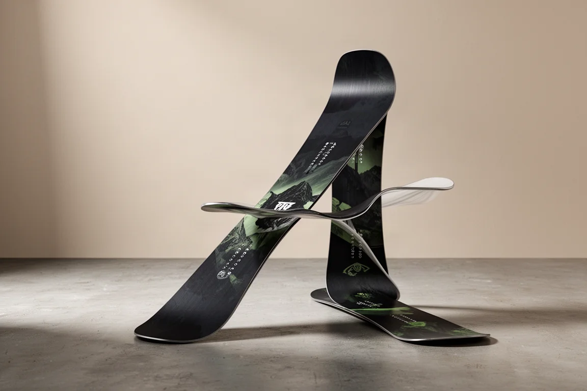 Snowboard GNU Turbo Gremlin in piedi con angolo di tre quarti su un pavimento di cemento