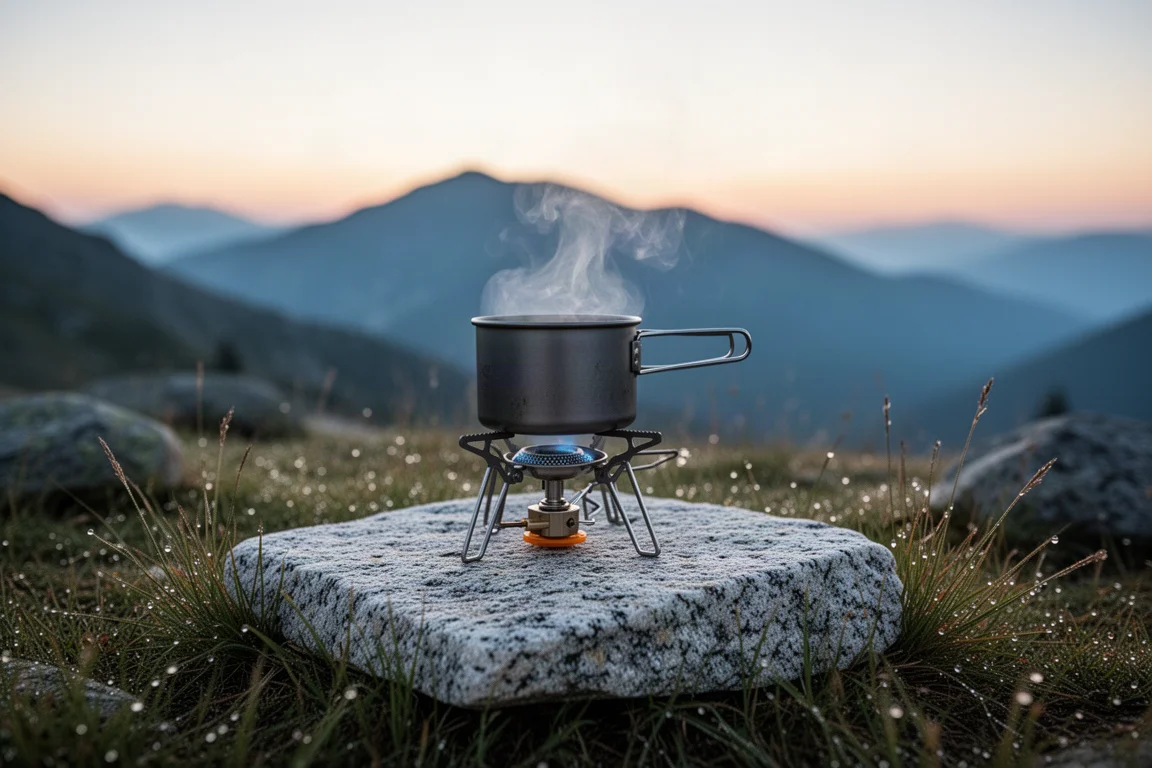 Compact camping stove with a small pot on a granite rock at a mountain campsite before sunrise