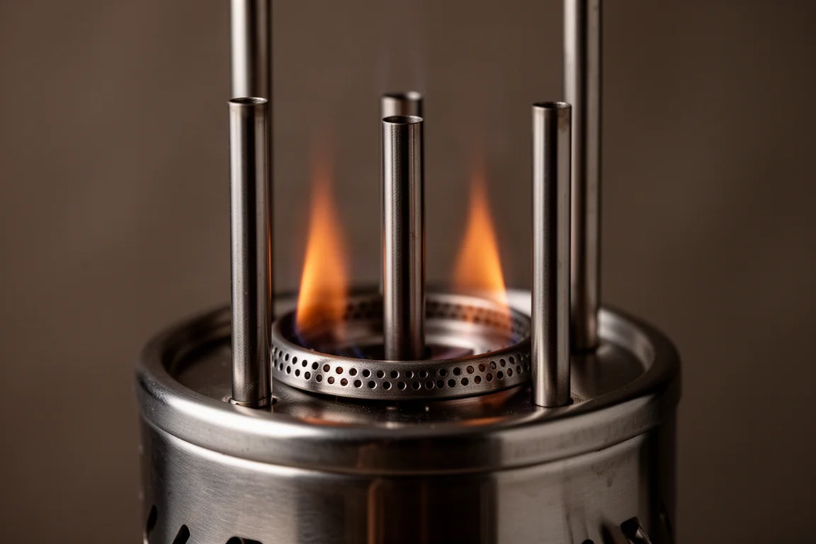 Macro detail of a stainless steel stove burner with three pipes and small flame jets