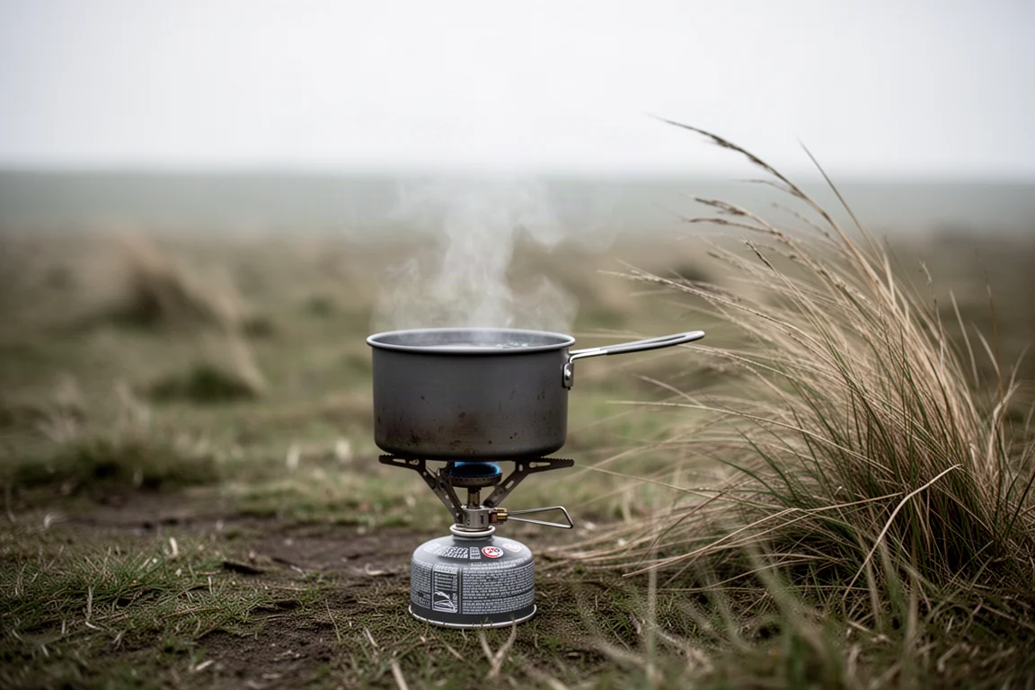 Small pot of water heating on a low camping stove outdoors in breezy open ground