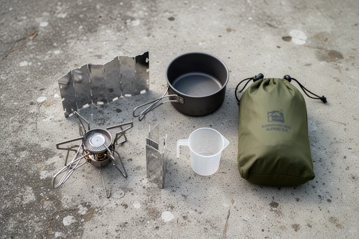 Overhead flat-lay of a backpacking cooking kit on weathered concrete