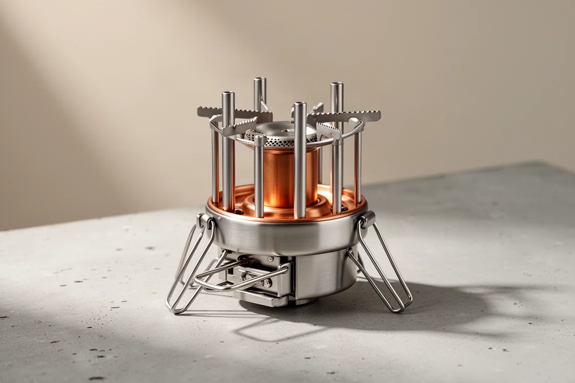 Compact stainless steel alcohol stove with copper fuel chamber and three gasifier pipes on concrete