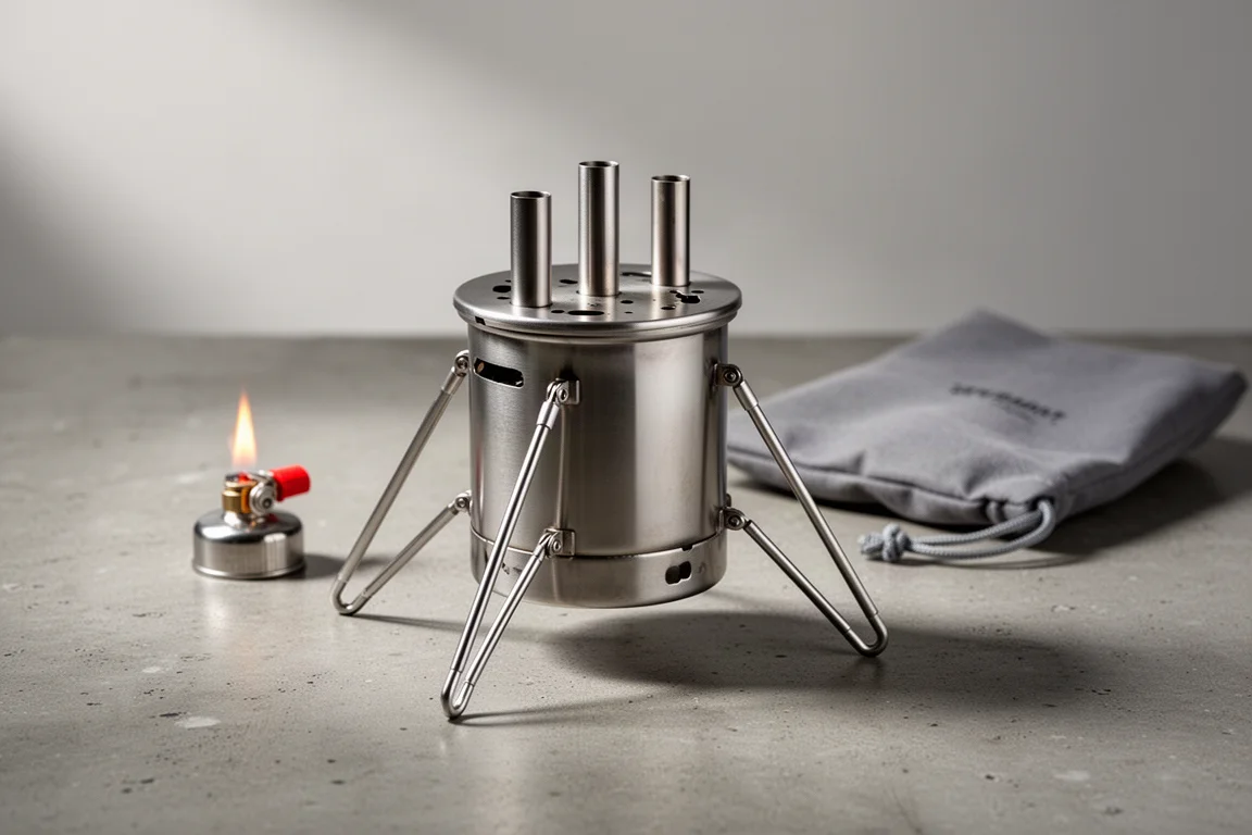 Compact stainless steel alcohol stove with gasifier tubes and extended telescoping legs