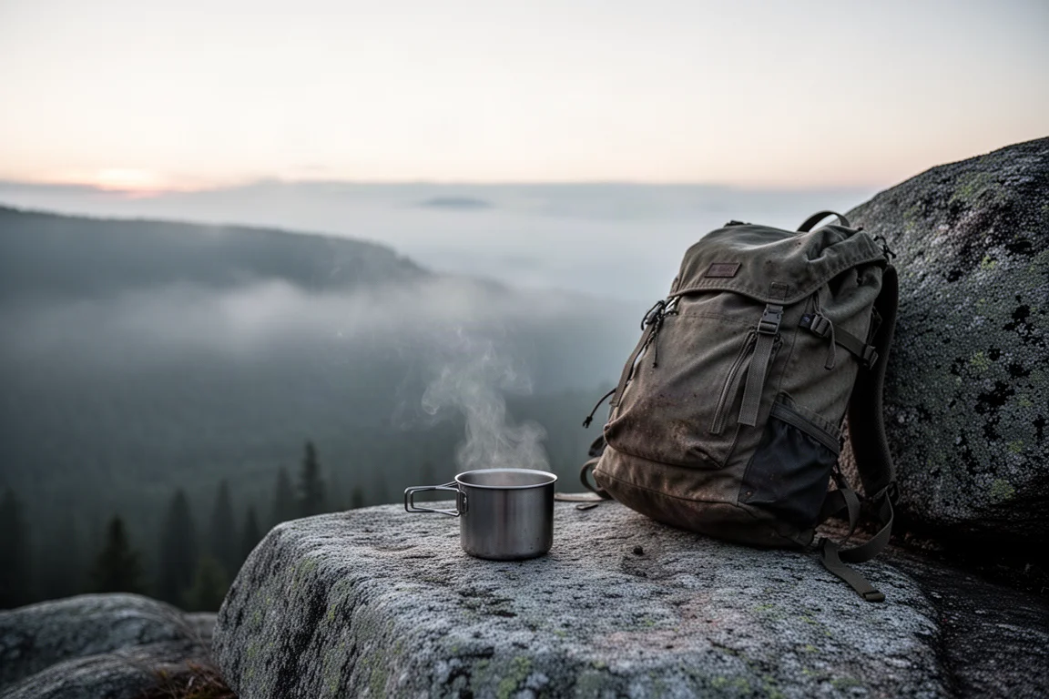 Petite casserole de camping fumante sur un réchaud à côté d'un sac à dos dans un camp brumeux à l'aube