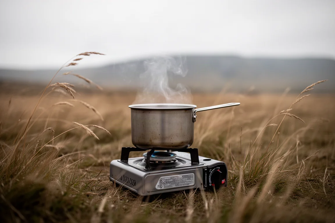 Petite casserole chauffée sur une flamme nue dans des conditions extérieures venteuses avec de l'herbe courbée par le vent