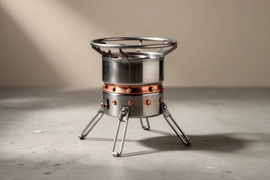 Compact stainless steel alcohol stove with telescoping legs on a concrete surface