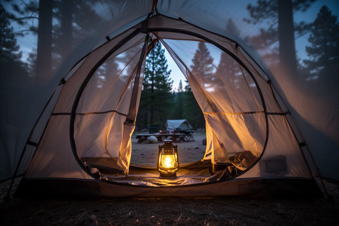 Lanterna de camping brilhando dentro de uma barraca dome ao anoitecer em um acampamento na floresta