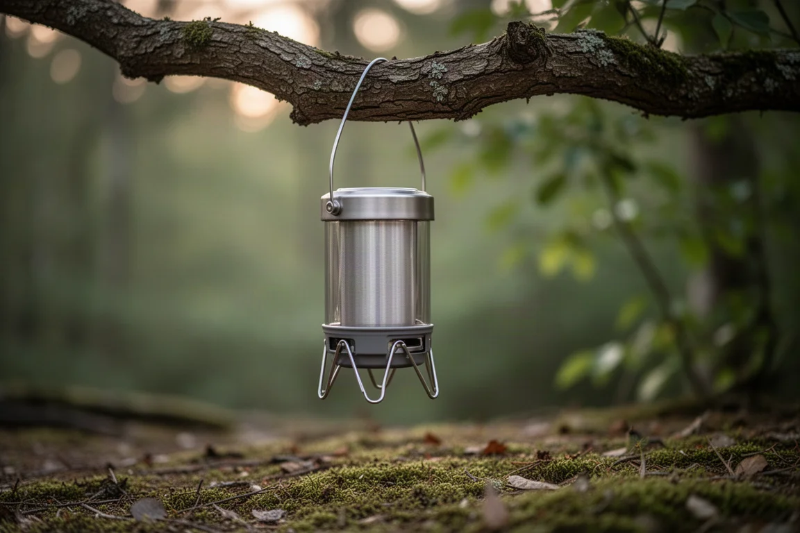 Lanterna de camping pendurada em um galho de árvore acima de um acampamento na mata